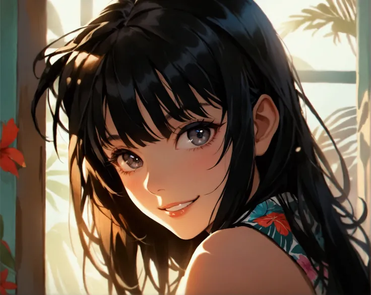 Medium wide shot of a 22-year-old Asian woman with long silky black hair captured from below, looking directly at the viewer with a soft smirk and a subtle grin and slanted black eyes that seem to attract a curiosity. 
Set against the tranquil backdrop of ...