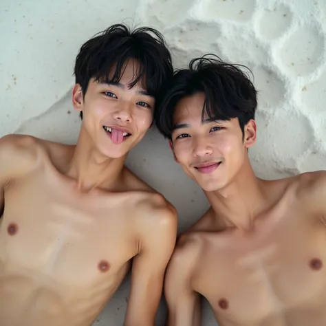 A magazine photoshoot, two 14-years old japanese boy student, must wearing shirtless showing of abs and chest. wearing wet underwear, lean fit body with 8 pack and low fat rate, colorful photo, open eyes, outstanding proffesional modeling lying back on the...