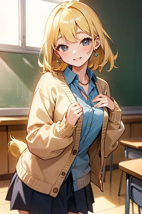  high school girl、student、 gal、Cheerful personality、Lively 、Chatting、Positive、Slanted Eyes、 shirt、 open your chest、 cardigan、Earrings、 Necklaces 、 side tail、Blonde、classroom