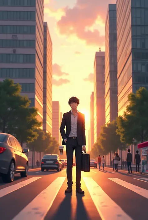 "A realistic depiction of a person standing in the middle of a busy urban street during the early hours of sunrise. The soft glow of the morning light reflects off the glass windows of tall office buildings, casting long shadows on the pavement. The indivi...