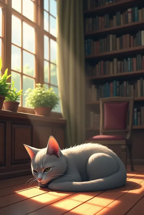 A short-haired grey female cat resting on a library floor