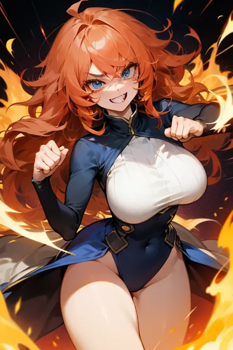 Mereoleona　  orange hair、Hanging eyes、bangs、 winks、long hair,  Idiot hair at the top of the head 、Big Breasts ,  blue eyes, Thighs、look,  get angry　、Anatomically Correct  ,   Punch on you、fire  Punch、Line of sight、 grin 、she haves fang