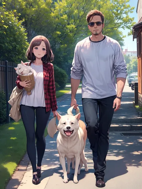 Beautiful sunny day and a baby walking a dog.. The baby is a very realistic movie-like image.. The s parents follow right behind.