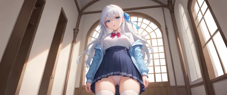  1 girl,   Alisa Mikhailovna Kujo, Toki Doki Bosot in Russian and next to Arya,Alone,  long hair,  showing eyebrows through hair ,  hair between eyes ,  Silver Hair,  hair ribbon,  blue eyes,  medium chest ,   School Uniforms , white legwear , absolute dom...