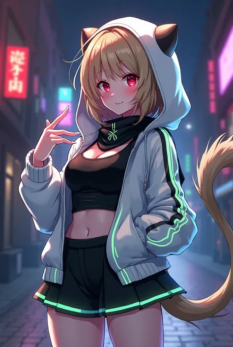 Anime concept art, top-quality、Top image quality、​masterpiece、girl with((18year old、Black and white cyber tank top、Green Line Cyber Short Skirt、Glowing Cyber White Hoodie、Best Bust、Bust 90、Blonde Away Tail、Red Eyes、open chest wide、Valley、Happiness、A slende...