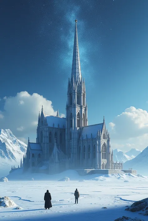 Cathédrale Notre-Dame de Paris in Antarctica with 2 people and make the sky like the galaxy but make it with less detais make it with less details make the mountains simpler or dont add any

