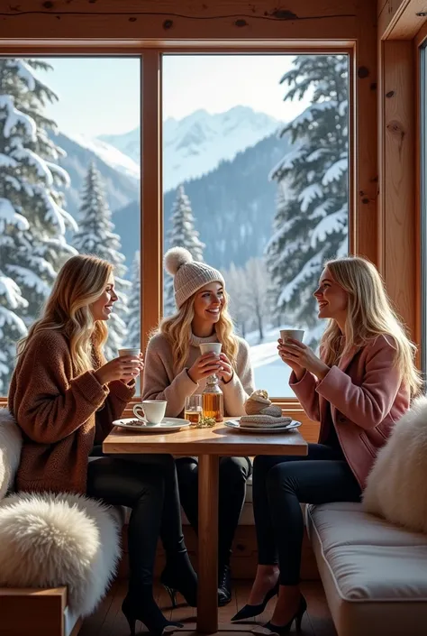 femme blonde avec ses amies dans un chalet au ski, en vacances au ski, super réaliste, ultra réaliste 