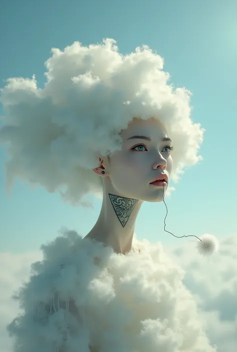 A cloud with a tattoo on the face ， A thin ray of light connects it to the neck