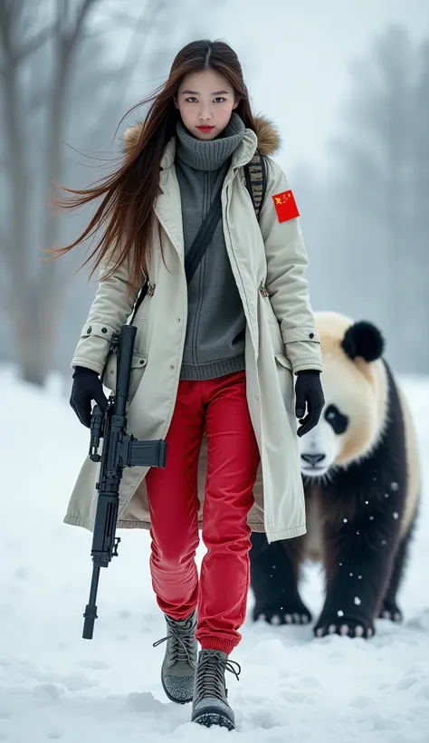 Create A Very Very Beautiful Chinese Long Hair Young Woman Wearing White Coat And Red Jean Snow Soldier Army Uniform Walking Straight, Holding A Sniper Rifle, Blue Eyes , A Giant Panda Walking Behind Her , Gigantic Panda Height, Unreal Beauty Woman, High D...