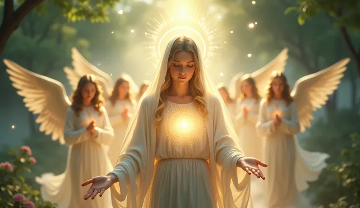 Virgin MARY., Lourdes OUR lady, veil protecting her hair,  divine Auraa beautiful young woman with long, surrouded by angels, floating in a clud,veil covering hair, mantle covering her body, delicate facial features, and a serene expression, hands glowing ...