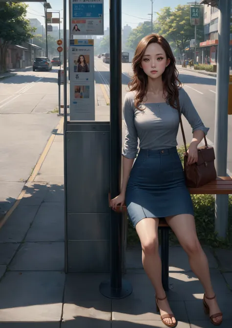 office woman, asian woman, slim, waiting a car at bus stop, (+forehead, brown long wavy hair), gray 3/4 sleeves square neck shirt,  light denim pencil mini skirt, brown heel sandals, BREAK, (1girl, solo, full body), (best quality,4k,8k,highres,masterpiece:...