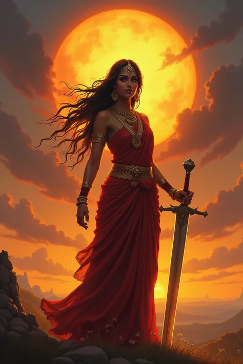 Create an adult Indian woman holding a Victoria Regia in her left hand, and on the right a sword that shone like a sun. At the bottom of it, a beautiful sunset landscape.