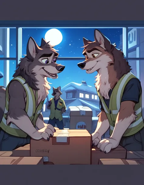 score_9, score_8_up, score_7_up, score_6_up, two adult very long haired anthro furry German shepherds wearing  safety vests sniffling boxes in the airport cargo hall, Disney art style, Zootopia style, balto character style, Night time, full moon, long body...