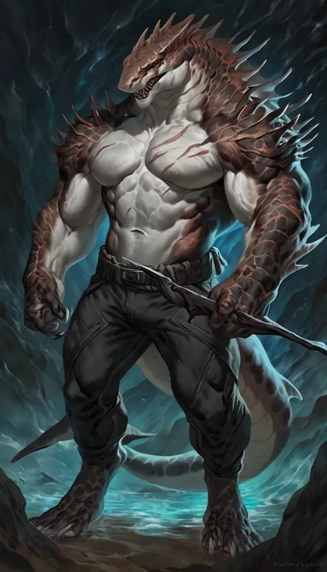 Muscular anthro shark, solo, monster, strong, scars on body, 1male solo, monstrous symbiote, muscular, small waist, thick tail, thick scales on the shoulders, marked detailed jaws, open jaws big pecs, pants, full body, comicbook style, best quality, 4k, ul...