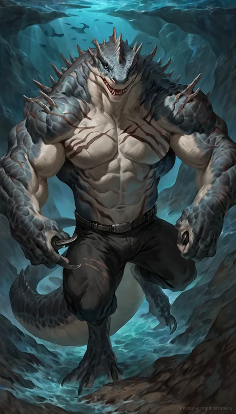 Muscular anthro shark, solo, monster, strong, scars on body, 1male solo, monstrous symbiote, muscular, small waist, thick tail, thick scales on the shoulders, marked detailed jaws, open jaws big pecs, pants, full body, comicbook style, best quality, 4k, ul...