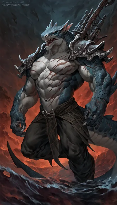 Muscular anthro shark, solo, monster, strong, scars on body, 1male solo, demonic armor, symbiote, muscular, small waist, thick tail, thick scales on the shoulders, marked detailed jaws, open jaws big pecs, pants, full body, comicbook style, best quality, 4...