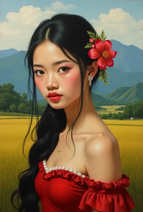 Flemish classic oil painting, Indonesian portrait, outdoors, 1girl, solo, realistic, flower, jewelry, bare shoulders, black hair, hair ornament, hair flower, earrings, long hair, dress, lips, upper body, faux traditional media, ponytail, black eyes, red dr...