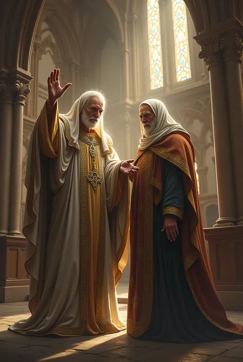 Create an image containing two saints ,  the first saint has one arm raised