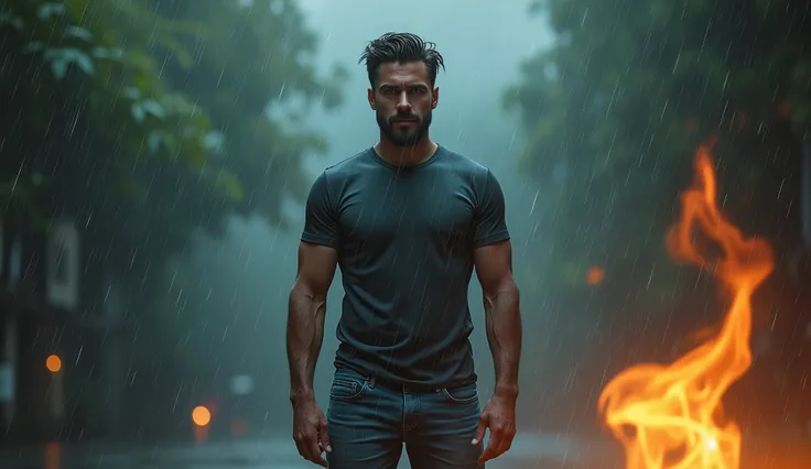 Sexy guy standing straight in rain watching towards the camera. Wearing T shirt and jeans. Fire is in the rain