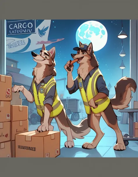 score_9, score_8_up, score_7_up, score_6_up, two adult very long haired anthro furry German shepherds wearing  safety vests sniffling boxes in the airport cargo hall, Disney art style, Zootopia style, balto character style, Night time, full moon, long body...