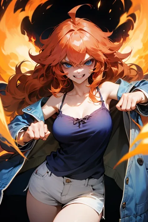 Mereoleona　  orange hair、Hanging eyes、bangs、 Punch on you 、 winks、long hair,  Idiot hair at the top of the head 、Big Breasts ,  blue eyes, Thighs、look,  get angry　、white camisole、short pants、blue jacket、Anatomically Correct  ,   Her hands are flames  、Line...