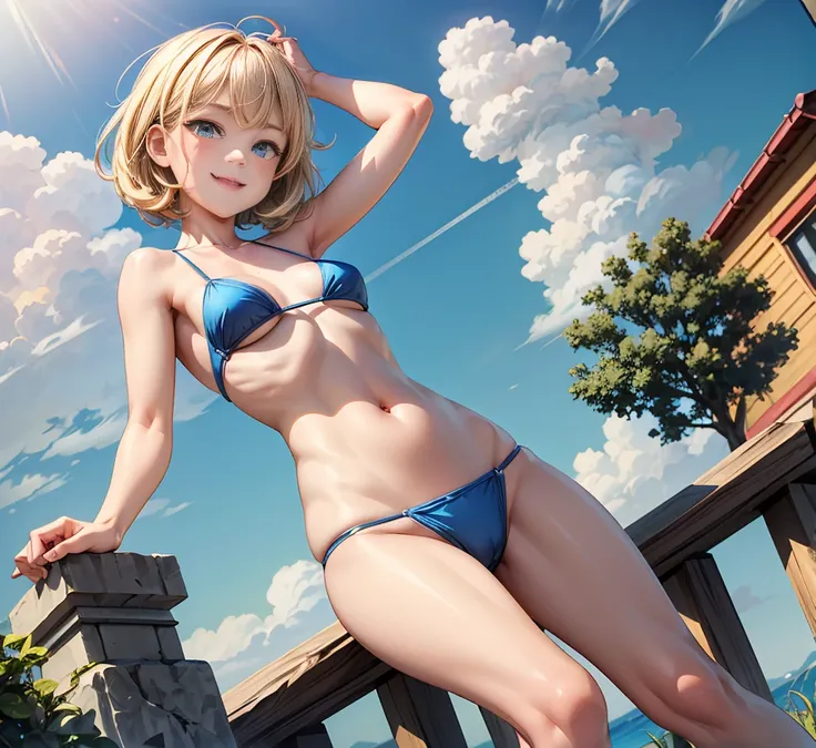 （ cute girl :1.3）、 smile,Summer atmosphere、 Metallic Blue Pearl Bikinis、 golden hair 、　(3)， blue sky，small breasts， flat chested，(( for light, thin hair color)), ( very detailed), (High-definition CG synthesis 8K wallpaper), 高いly detailed,   high-resolutio...