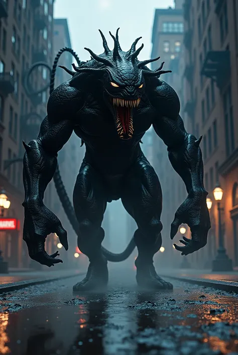 Venom (Marvel)
" A monstrous being with a black, muscular body , covered by a viscous symbiote .  Its mouth displays sharp teeth and a long, threatening tongue.  The setting is a dark New York street ,  with pools of water reflecting moonlight ."
