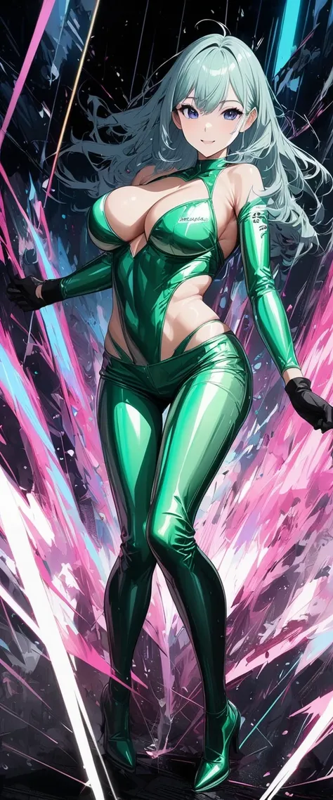 Beautiful girl 、Age 30、 top quality、 super precision 、Detailed drawing、 Accurate Description 、 anime style illustration、Vivid colors、white wall 、effect、Laser beam、 diving、metallic green shorthair 、Full body action、Sharpness、 metallic green cybersuit、 race ...