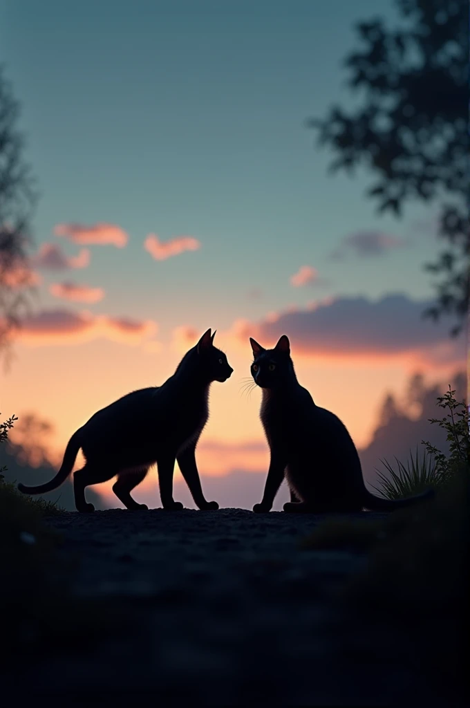 Realistic photos,  two silhouettes of cats walking in different directions ,  one silhouette to the west and one silhouette to the east, twilight background  . hyper realistic. very detailed. Cinematic. resolusi tinggi.