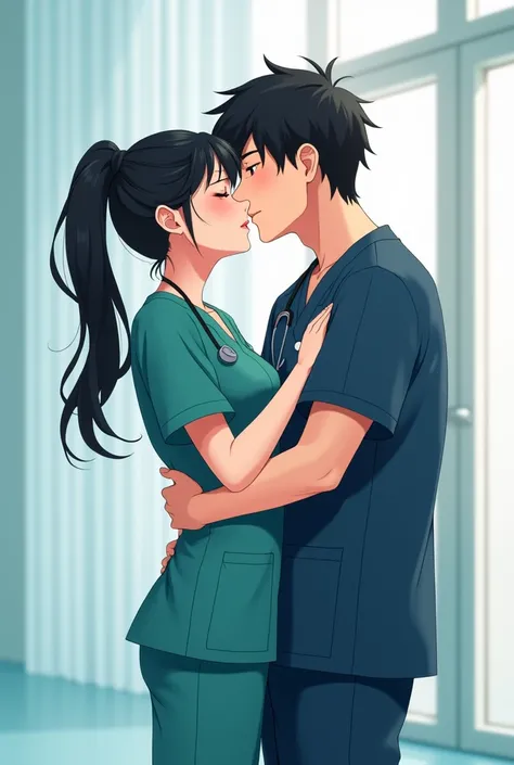 Anime image of guy in dark blue medical scrub holding up and kissing his girlfriend with black long hair ponytail in peacock green medical scrub 