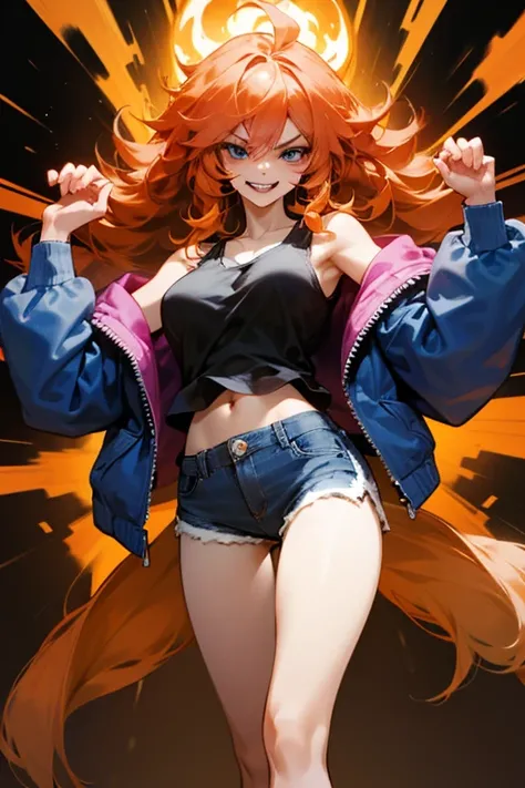 Mereoleona　  orange hair、Hanging eyes、bangs、 Punch on you 、 winks、long hair,  Idiot hair at the top of the head 、Big Breasts ,  blue eyes, Thighs、look,  get angry　、white tank top、short pants、blue jacket、Anatomically Correct  ,   Her hands are flames  、Line...