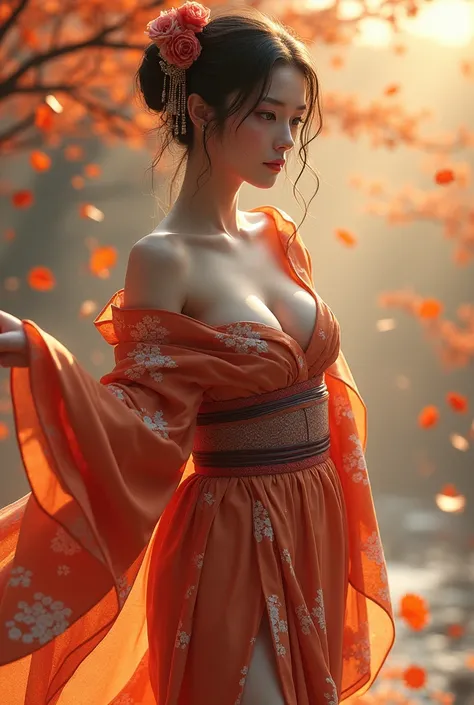 Beautiful Japanese woman with big breasts in revealing kimono, cerf, automne, Le vent arrache le kimono 