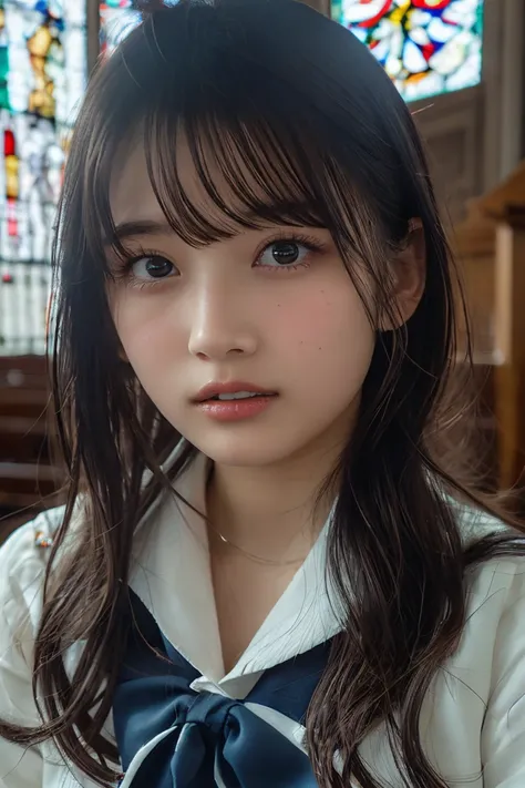  best quality pictures, 8k, Beautiful high school girl in sailor uniform sitting in a church with beautiful stained glass, Beautiful girl similar to actress Hamabe Minami,  Bust Up Shot 