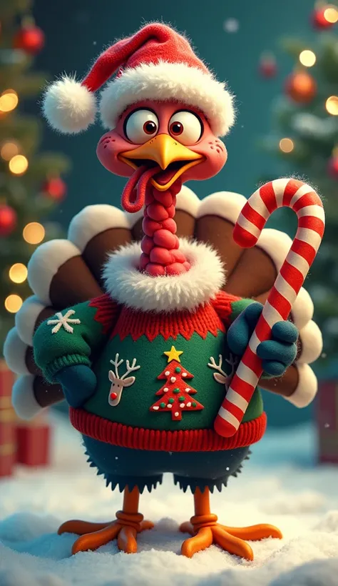 " A funny turkey with a cartoonish appearance , In a Christmas mood .  He is wearing an ugly Christmas sweater with tree and reindeer prints, a half-crooked Santa hat ,  and holding a giant candy cane .  The turkey has a silly and lively expression ,  with...