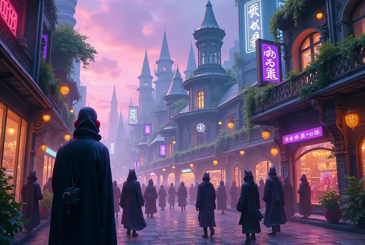 aetherpunk city, with some trees, streets filled with scholars, with buildings and magic school with color scheme of punk and purple