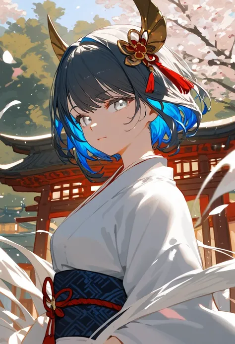 score_9, score_8_excellent, White kimono ,  silver eyes ,black blue two-tone hair