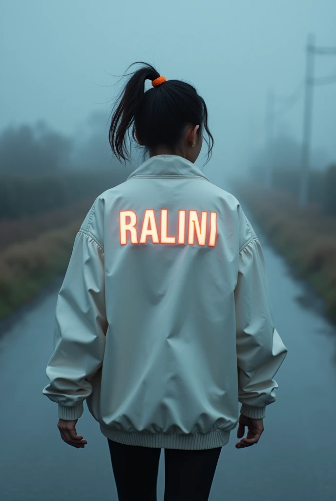 a girl with a short pony tail is wearing a white jaket named "RALINI" on the jacket with realy on the jacket with a glow effect is walking along on a alone road. she is looking a side .without showing her face to camera. the background was look like mist a...