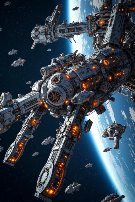Huge structure(space base,space station.3d,realistic,huge, gigantic, very detailed.great focus of station, beautiful bokeh, mechanical parts, cable, wires, machinery,dynamic angle,drifting galaxy,glowing, complex, labyrinth-like structure,full body),many s...