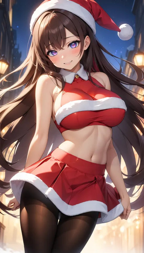  1 Woman ,  beautiful skin ,  fine skin, Vibrant Hair,  glowing eyes, JK, (Brown Hair,  long hair on background),  Thin Waist ,  slender body, Big Breasts:1.2,  Cowboy Shots,  sexy Santa costume , Cropped tops, Underboob,  micro mini skirt hugging a teleph...