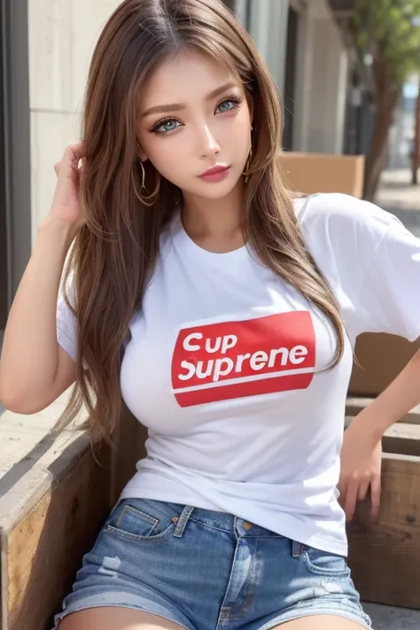  high definition , masterpiece,  Anatomically Correct , accurate,  top quality,  high image quality model,  very detailed ,  Ultra High Definition,  textured skin, (( gal、Age 25、 gorgeous makeup 、 nice buddy ))Big Breasts、(Supreme box logo t-shirt、 oversiz...