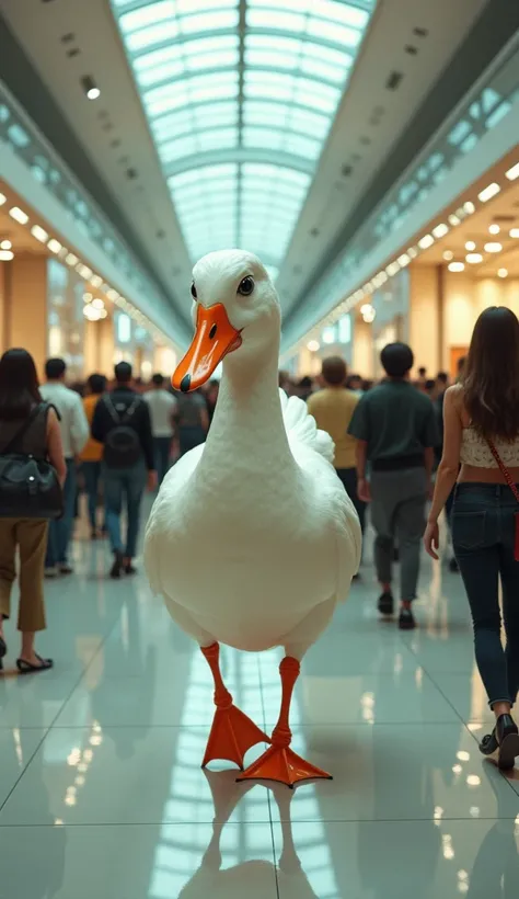 (photorealism:9.16) A beautiful woman wearing cool clothes walks while holding a bridle tied to a giant white duck beside her,  walks confidently past a crowded shopping center .  The shopping center has a glossy floor , glass ceiling ,  and curious onlook...