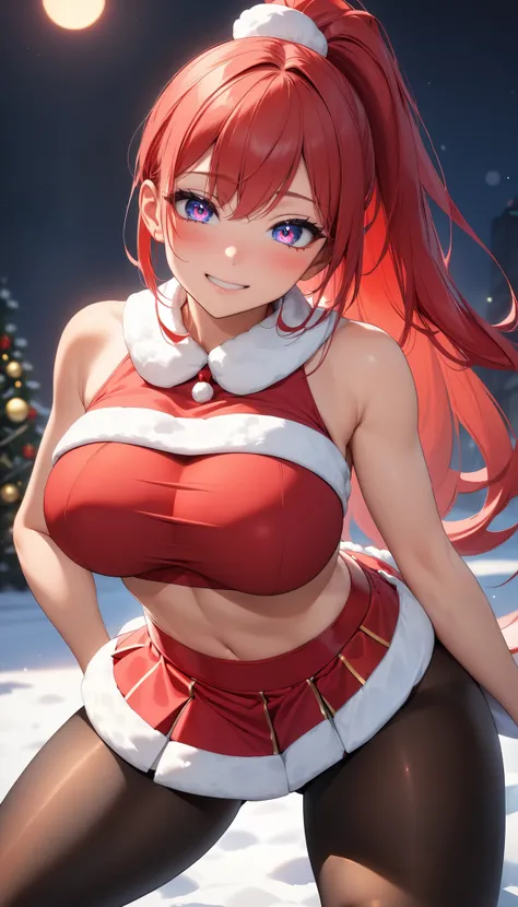  1 Woman ,  beautiful skin ,  fine skin, Vibrant Hair,  glowing eyes, JK, ( red hair,  high ponytail ),  Thin Waist ,  slender body, Big Breasts:1.2,  Cowboy Shots,  sexy Santa costume , Cropped tops, Underboob,  micro mini skirt hugging a telephone pole, ...