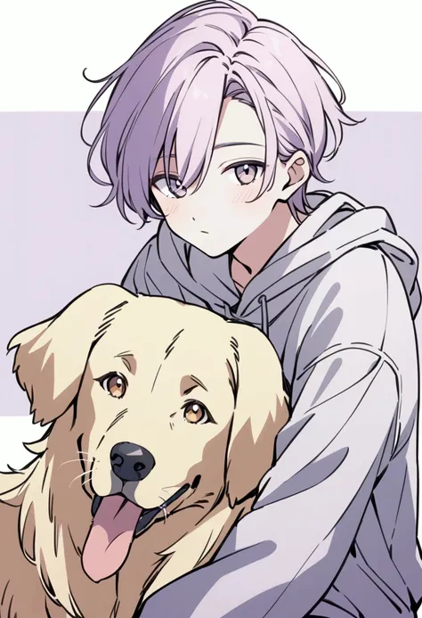 Boy with middle hair, wearing a hoodie, leaning against a golden retriever, white and light purple tones, colored pencil drawing style