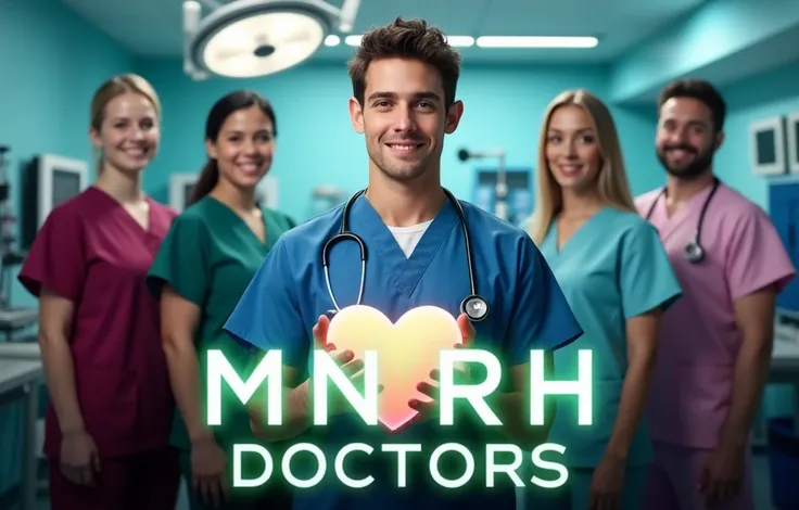 Five medical professionals in ruby, navy blue, green, pink and light blue scrubs, respectively, stand in a hospital operating room with modern surgical equipment. In the foreground is a young male doctor holding a glowing heart, a symbol of healing. An Eng...