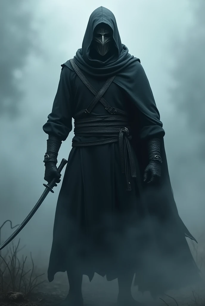 A ninja dressed in black, and wearing an iron helmet on his head, holding a sword, in a fog in environment, 