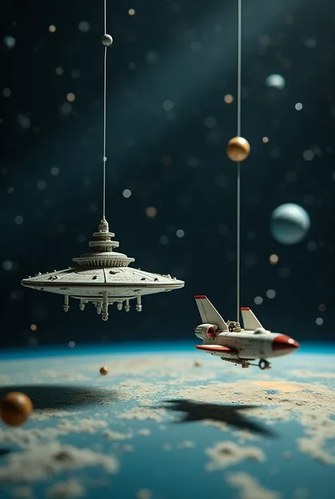 Super realistic photograph, Miniature photography. Special effects photography of an Earth-orbiting space station. This is a scene from a 1960s puppet show where a special effects scene of a space station is being shot for a TV program. Miniature models of...