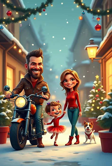 Funny cartoon ,  biker father and photographer mother and daughter ballerina girl and Jack Russell purebred dog, Christmas themed cartoon style  