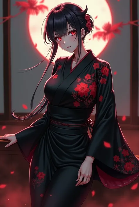 Woman with long black hair and red eyes and large breasts wearing a flowery black kimono with red flowers anime version