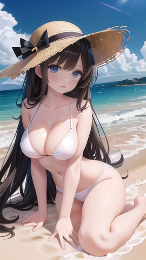 (8k、 Original photo、 top quality、​masterpiece:1.2)、Illustration touch、 ultra-detailed、 Ultra A High Resolution、1 white-skinned girl 、 dark brown hair、 blue eyes、 white sand beach with the sea in the background、((barefoot))、 lens flare、 white bikini、 straw ...