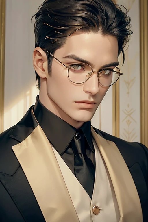 a portrait of a Handsome villain, age 35 years old, lean athletic build, tousled short brown hair, and sharp golden eyes, round eyeglasses. a Butler, wearing black suit with two golden markings on it over a white shirt with a curious collar, with spiral-li...